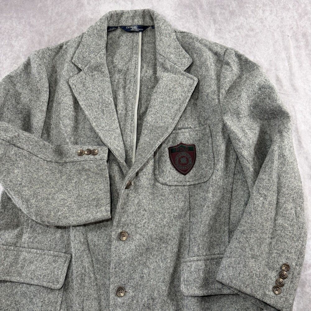 VTG 80s Polo Ralph Lauren Gray Wool Prep Crest Sportcoat Blazer Jacket L USA - Picture 2 of 16